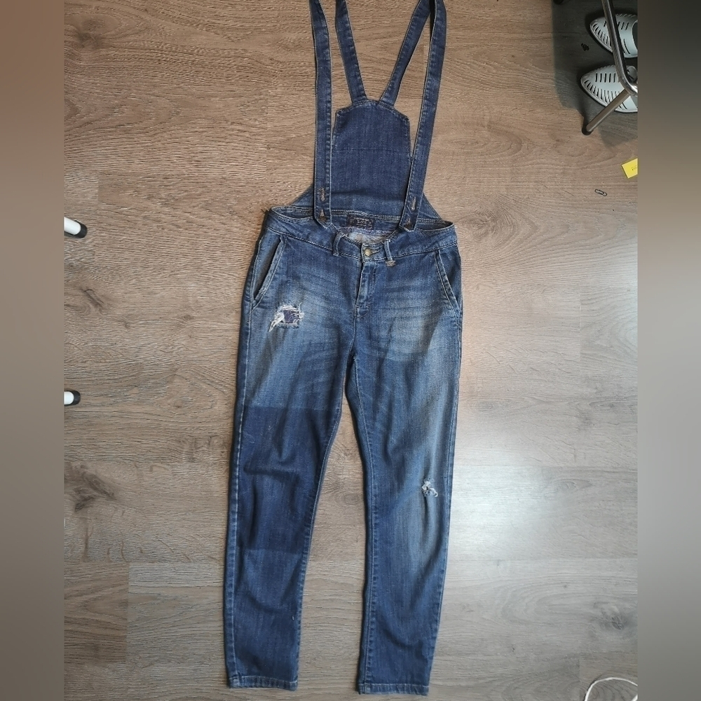 00S vintage BLUE denim distressed slim cut fly front bibless overalls